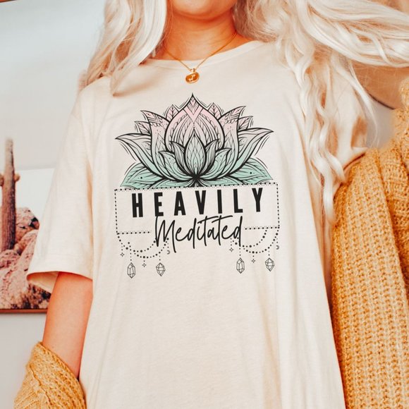 Tops - Heavily Meditated Graphic T-shirt, Yoga Shirt - Cream